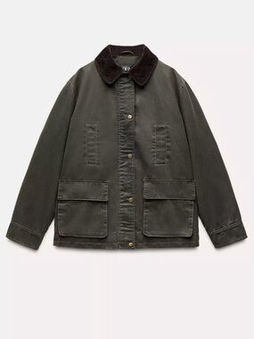 Zara Women’s Olive Field Jacket with Corduroy Collar, XS